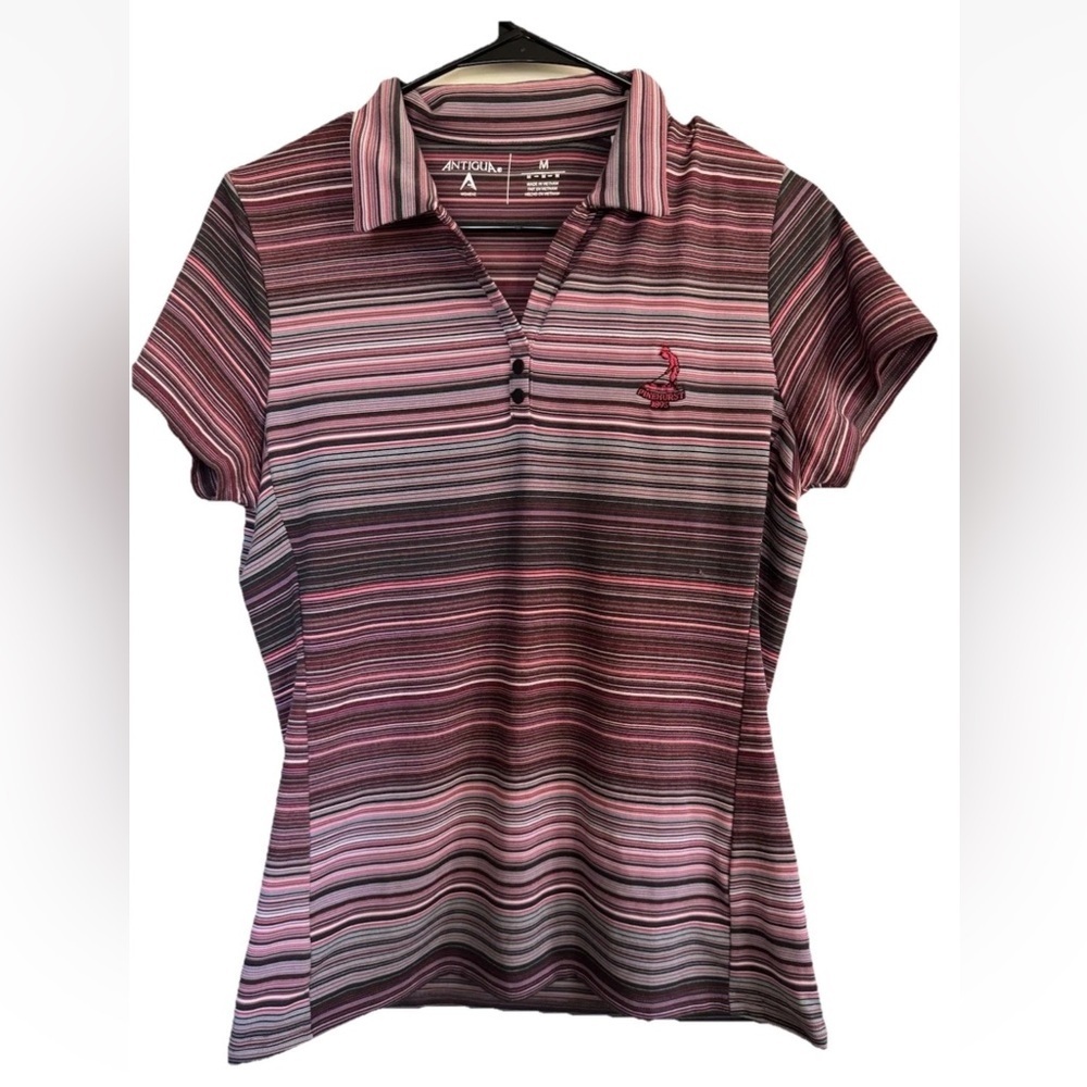 Antigua Women's Striped pine hurst Polo Shirt - Pink and Black Golf shirt